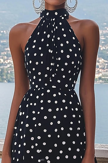 Halter Chiffon A Line Black White Polka Dot Graduation Dress